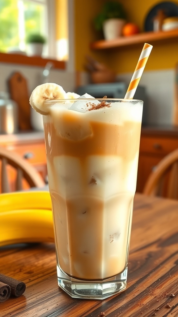 Banana Bread Iced Latte Recipe A glass of banana bread iced latte with banana slices and cinnamon, on a rustic wooden table.